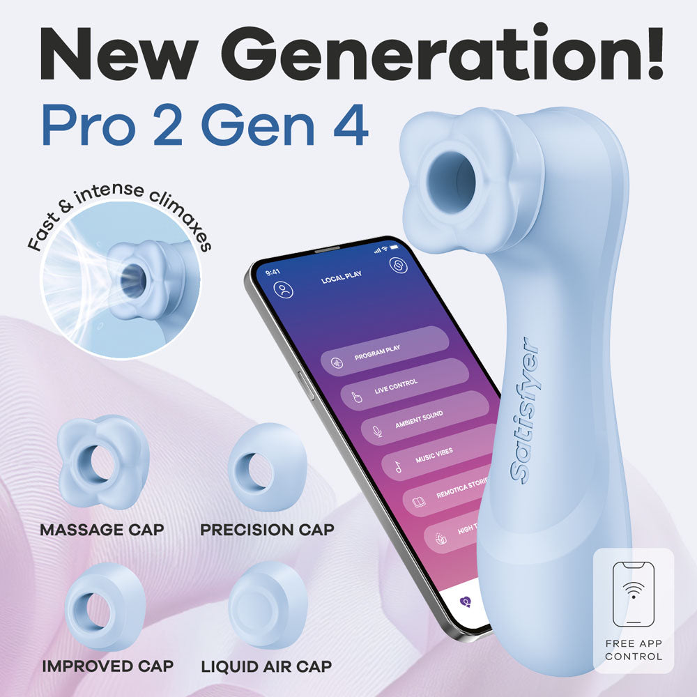 Satisfyer Pro 2 Generation 4 in Serene Blue with its app on a phone and four swap-in caps
