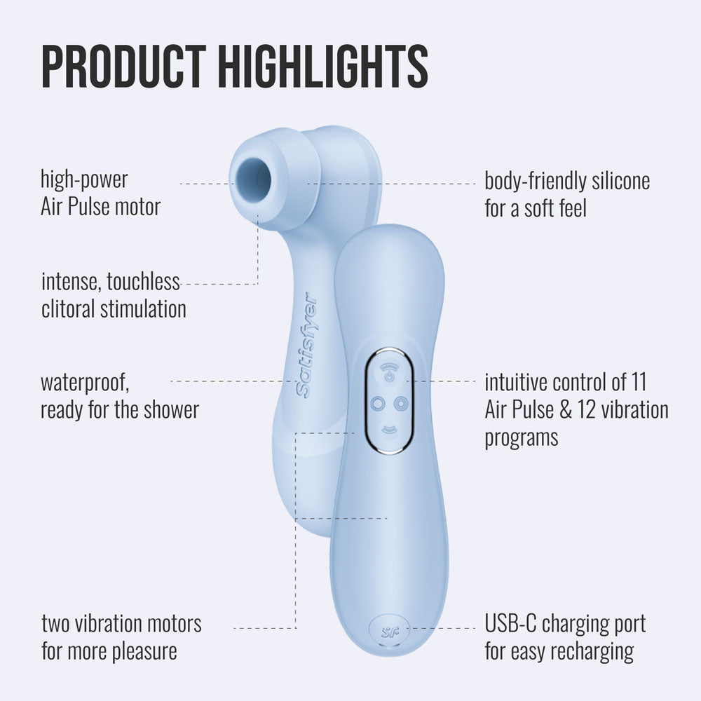 Satisfyer Pro 2 Generation 4 in Serene Blue labelled diagram of features and USB-C charging port