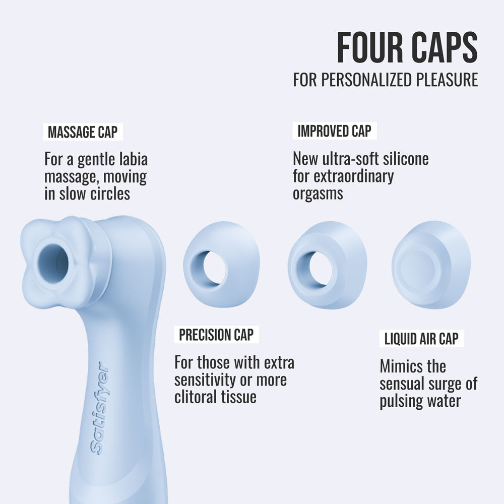Satisfyer Pro 2 Generation 4 in Serene Blue four interchangeable caps: massage, precision, improved and liquid air