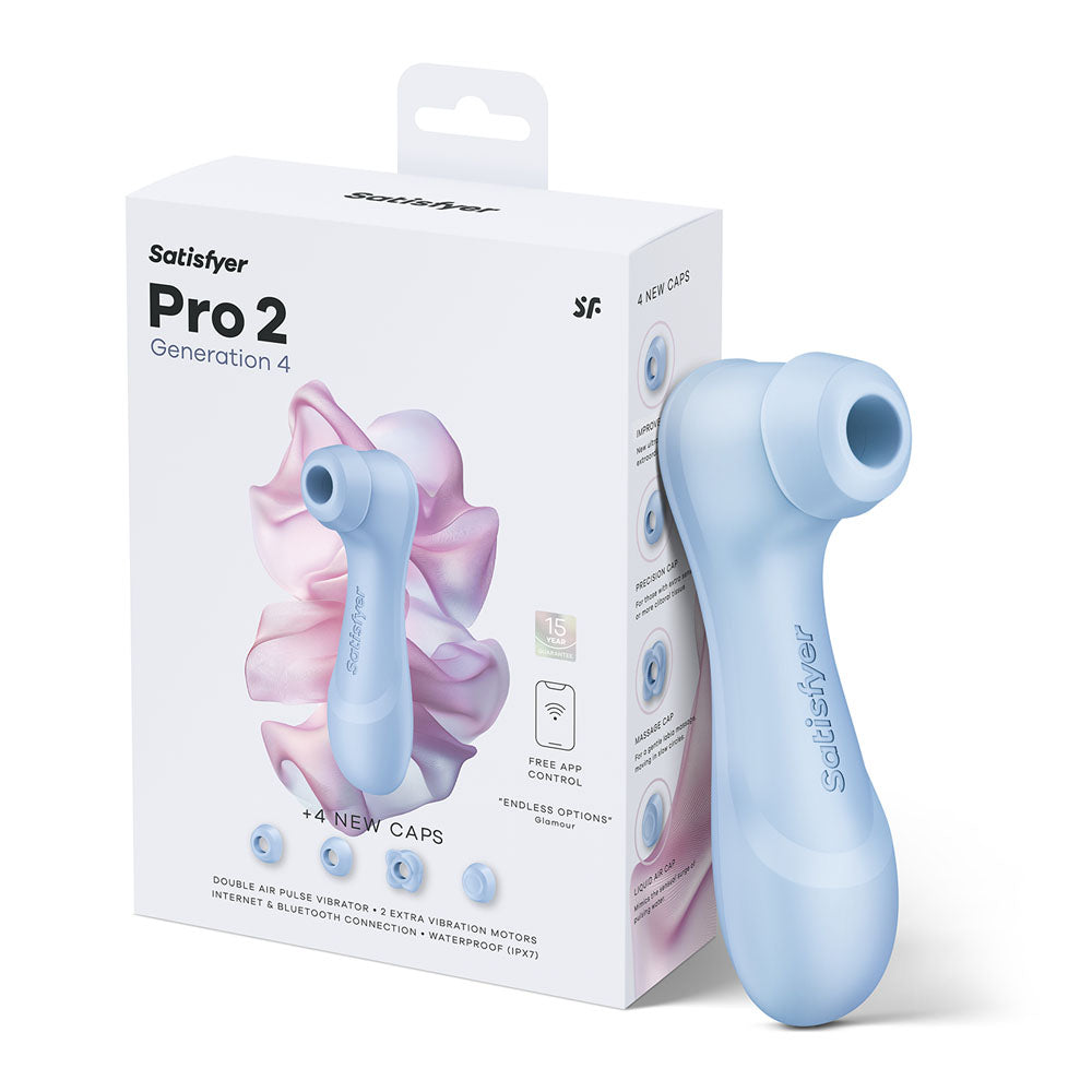 Satisfyer Pro 2 Generation 4 in Serene Blue next to its retail box