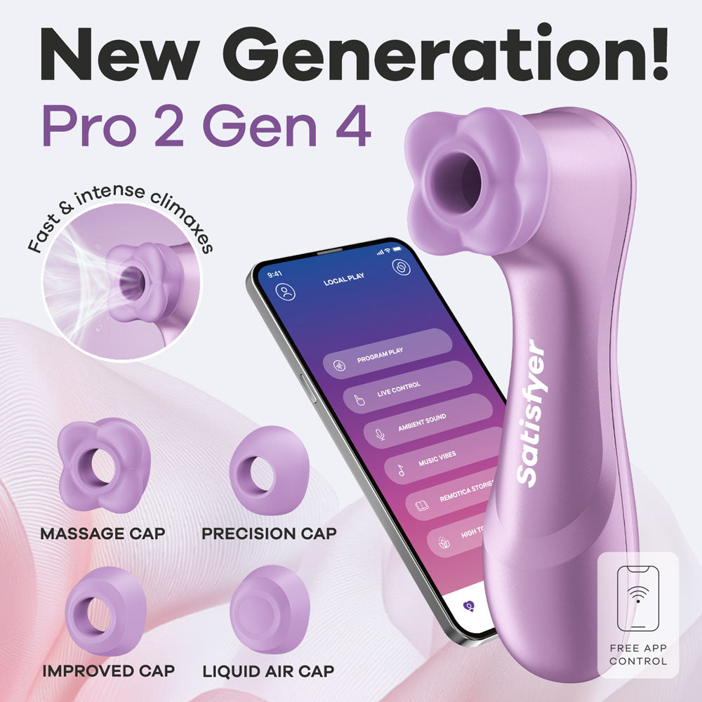 Satisfyer Pro 2 Generation 4 in Amethyst with its app on a phone and four swap-in caps