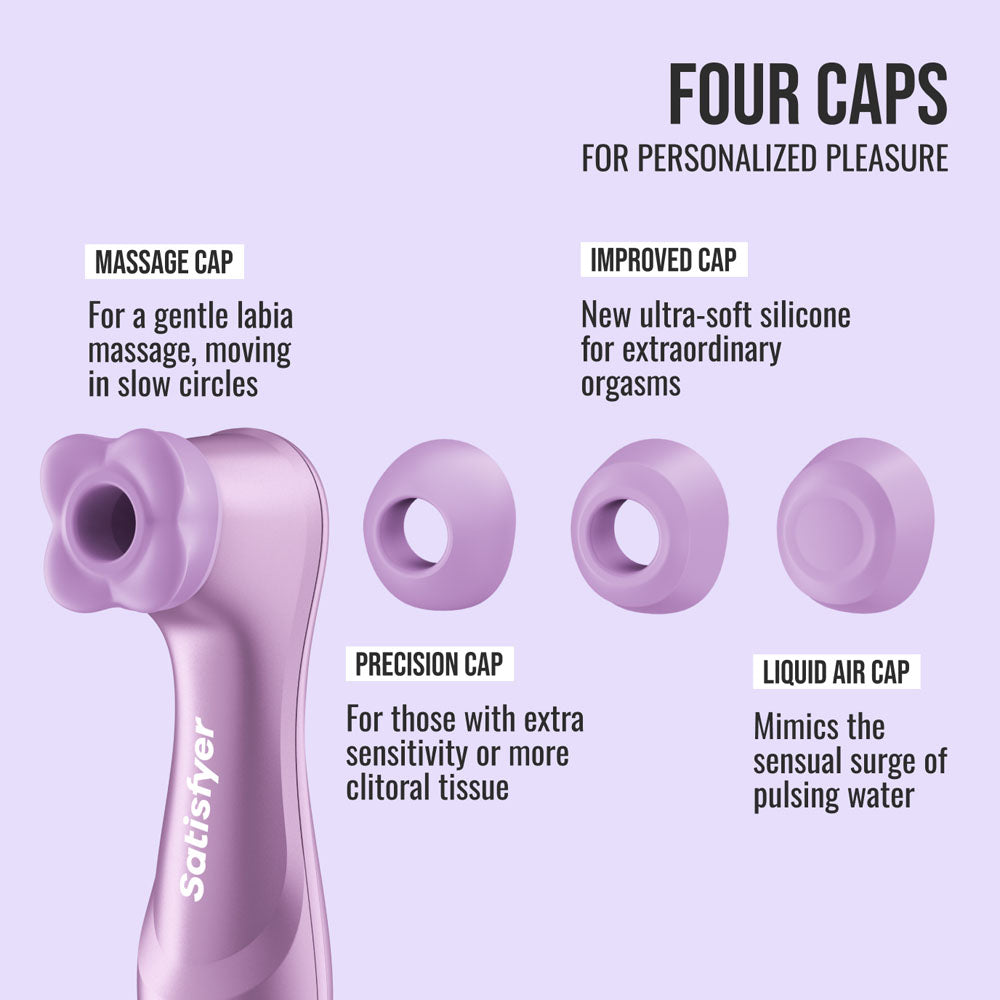 Satisfyer Pro 2 Generation 4 in Amethyst four interchangeable caps: massage, precision, improved and liquid air