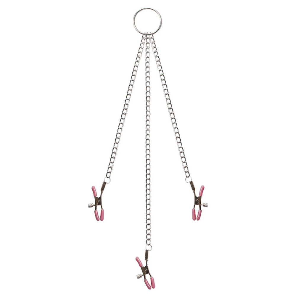 Silver three-chain clamp set with pink-tipped metal clips hanging from a central ring on white