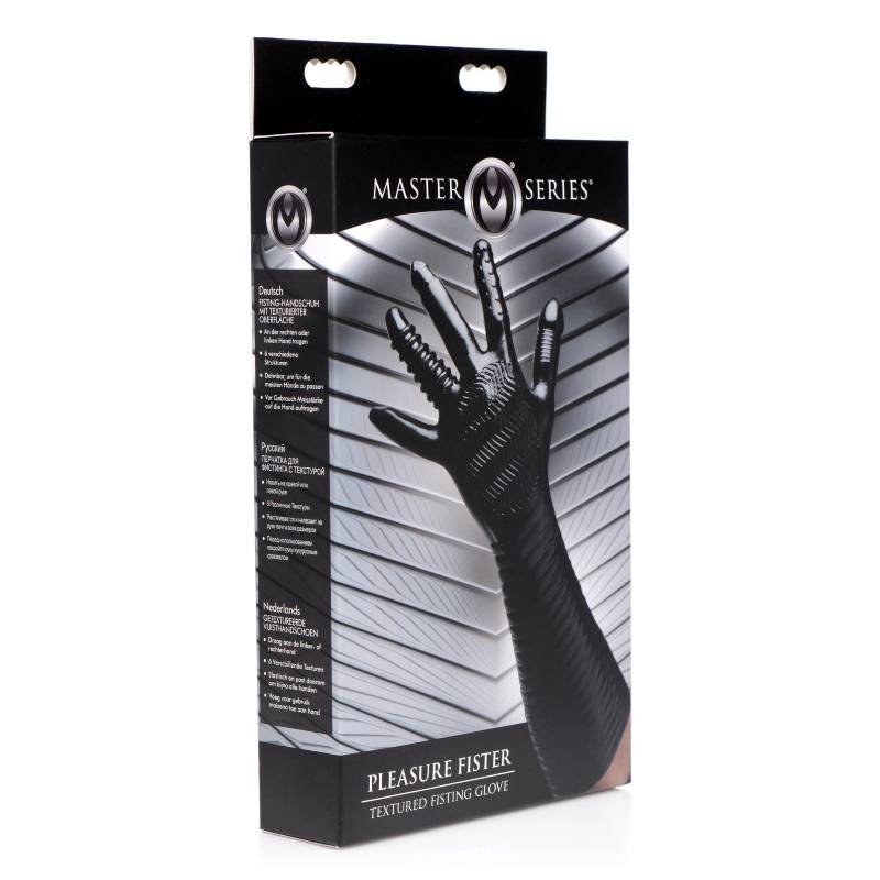 Master Series Pleasure Fister box showing a long black textured glove with ribbed fingers and a ridged forearm