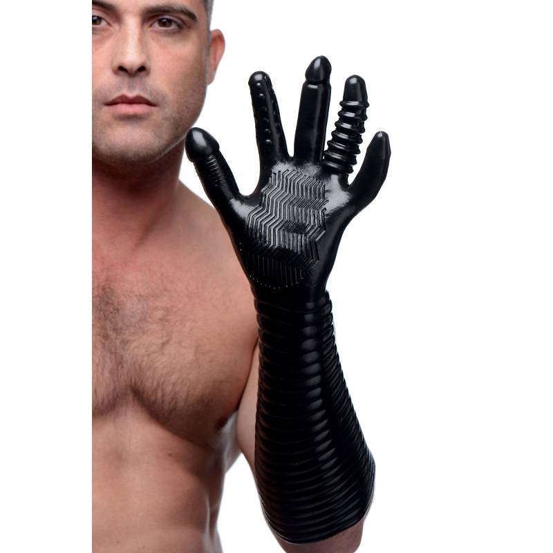 Man holding up his hand wearing the black Pleasure Fister glove, showing the textured palm and ridged elbow-length sleeve