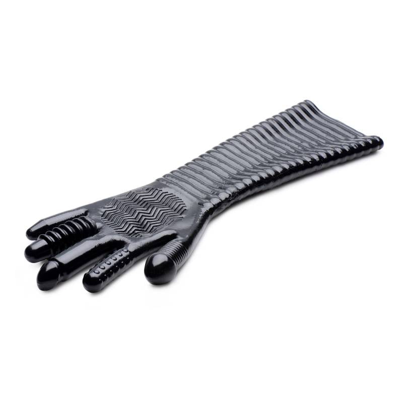 Black elbow-length Pleasure Fister glove lying flat, with ribbed and beaded fingers and a ridged forearm sleeve