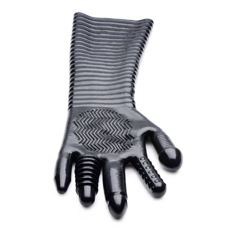 Palm side of the black textured fisting glove, showing the chevron grip pattern and differently textured fingers