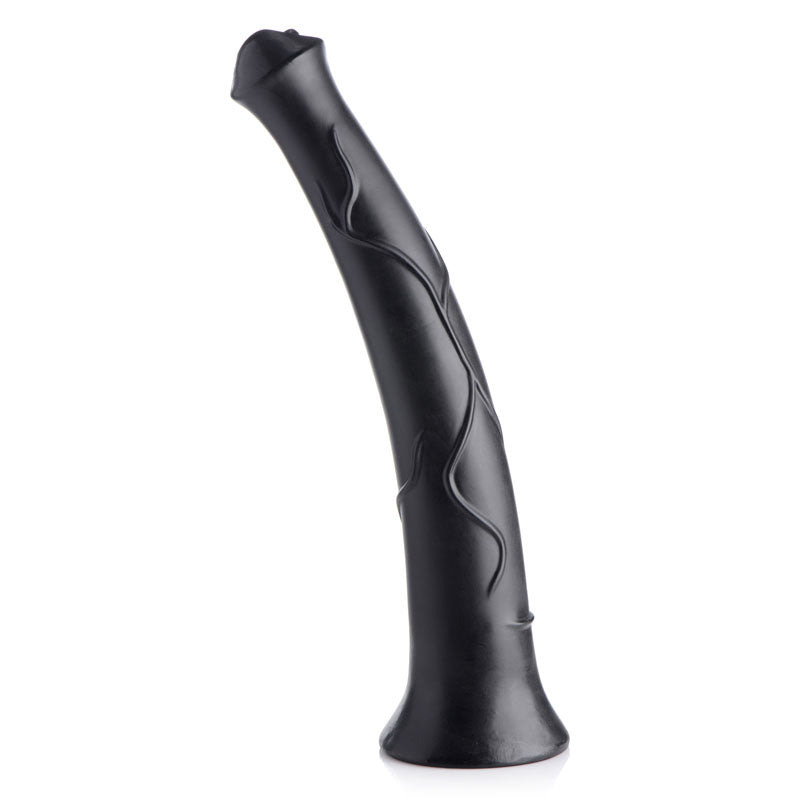 Master Cock Pony Boy black 17 inch horse-style dildo standing on its flared suction base, with raised vein detail