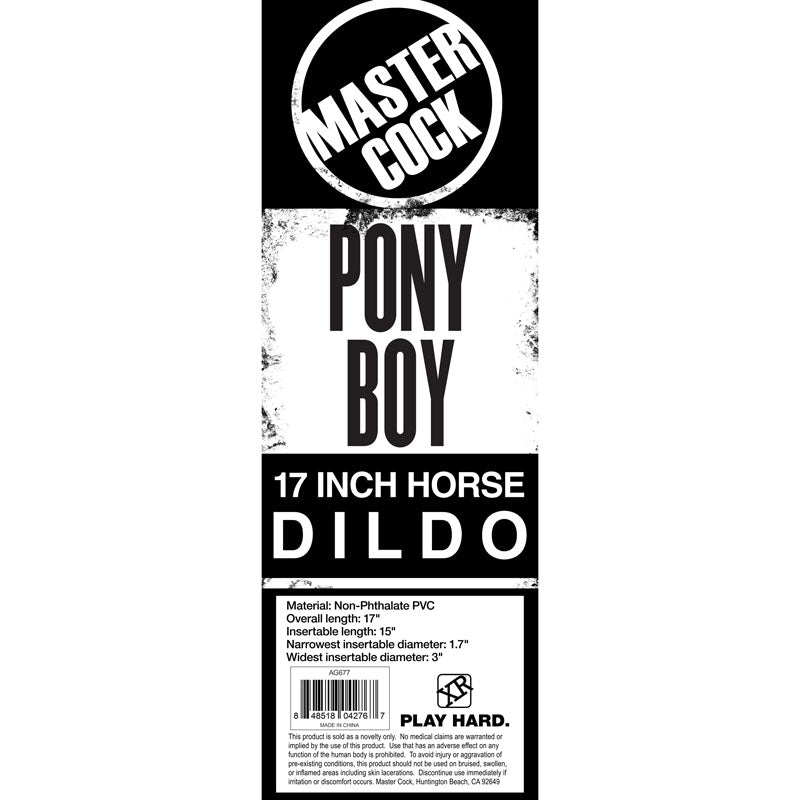 Black and white Master Cock Pony Boy 17 inch horse dildo packaging label with size and material details