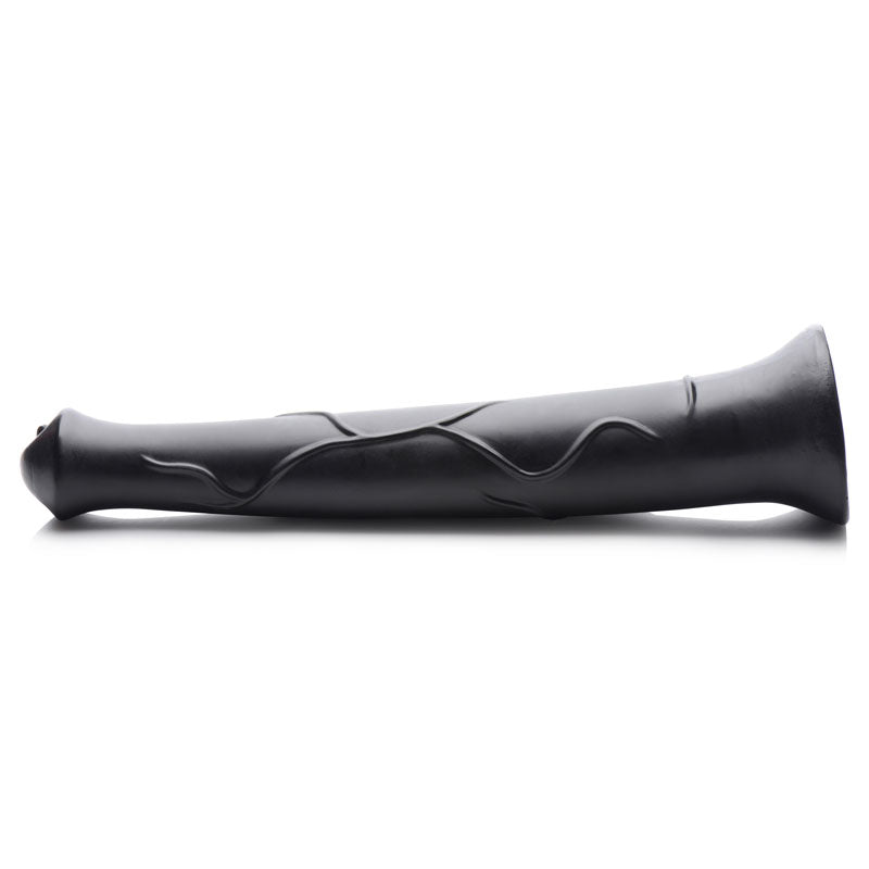Side view of the black Pony Boy horse dildo lying flat, showing the flared head, raised veins and wide base