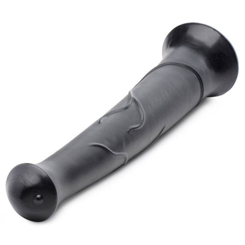 Black Pony Boy dildo angled diagonally, showing the flat flared tip and textured veins along the shaft
