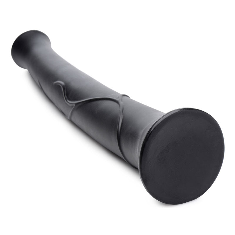 Base view of the black Pony Boy horse dildo, showing the wide flat bottom and curved veined shaft behind it
