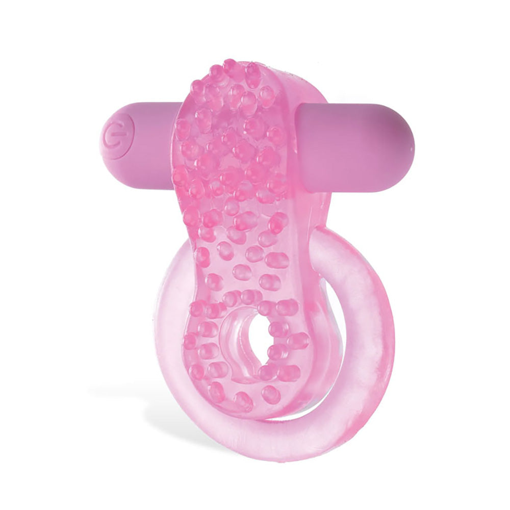 Translucent pink cock ring with nubbed stimulator pad and matte pink bullet on white