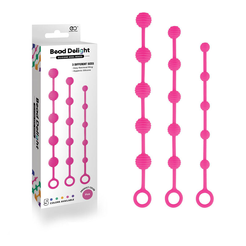 Pink Anal Beads set of 3 graduated sizes shown in product packaging and loose display, made from pink silicone with pull rings