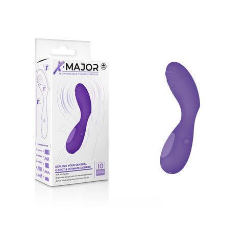 Matte purple curved finger vibrator with ribbed tip, standing beside its white X-Major retail box on white.