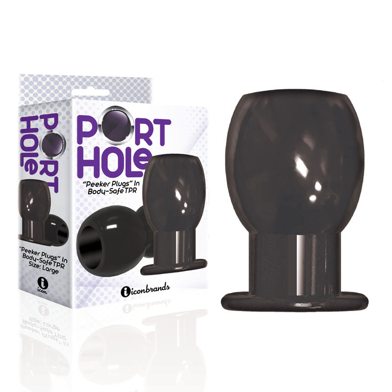 Large black TPR plug displayed beside its Port Hole retail packaging on a white background.