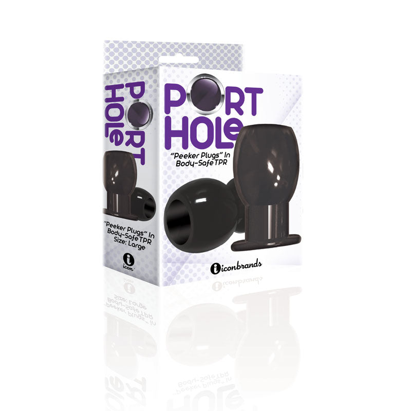 Port Hole retail package showing the large black TPR plug and its flared base on white.