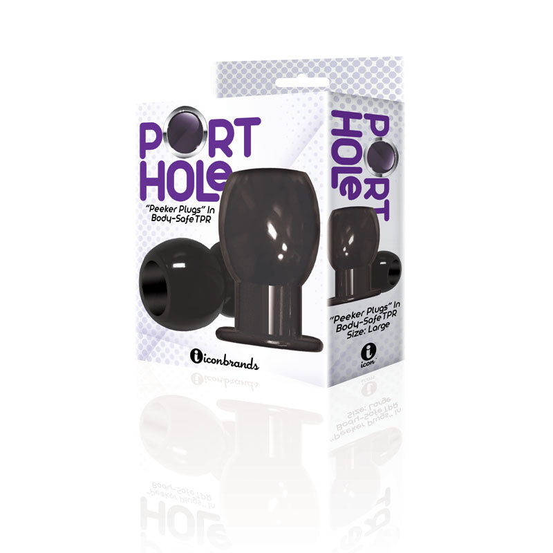 Black TPR plug and Port Hole box arranged together, with the rounded plug face clearly visible.