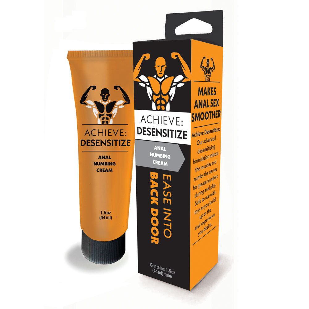 Achieve Desensitize cream tube and packaging box featuring orange and black design with muscle man logo