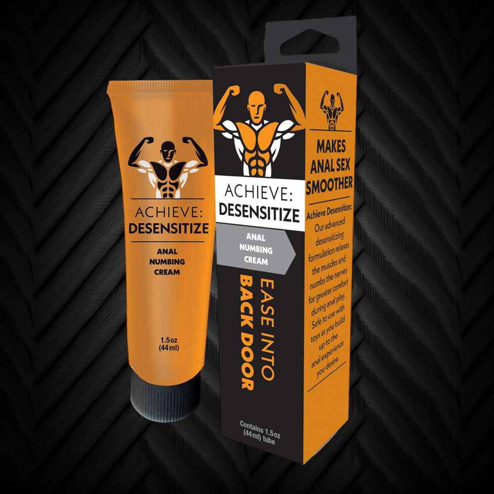 Achieve Desensitize cream tube and retail box featuring orange and black design with muscular figure logo