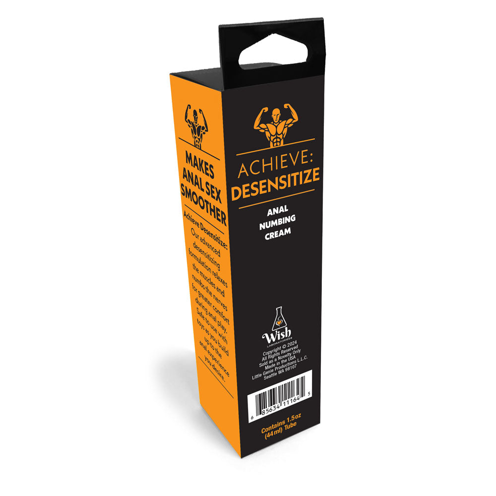 Achieve Desensitize cream product box in black and orange with muscular icon logo and product details