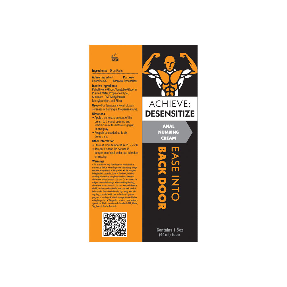 Achieve Desensitize cream packaging showing product information and muscular icon on orange and black background