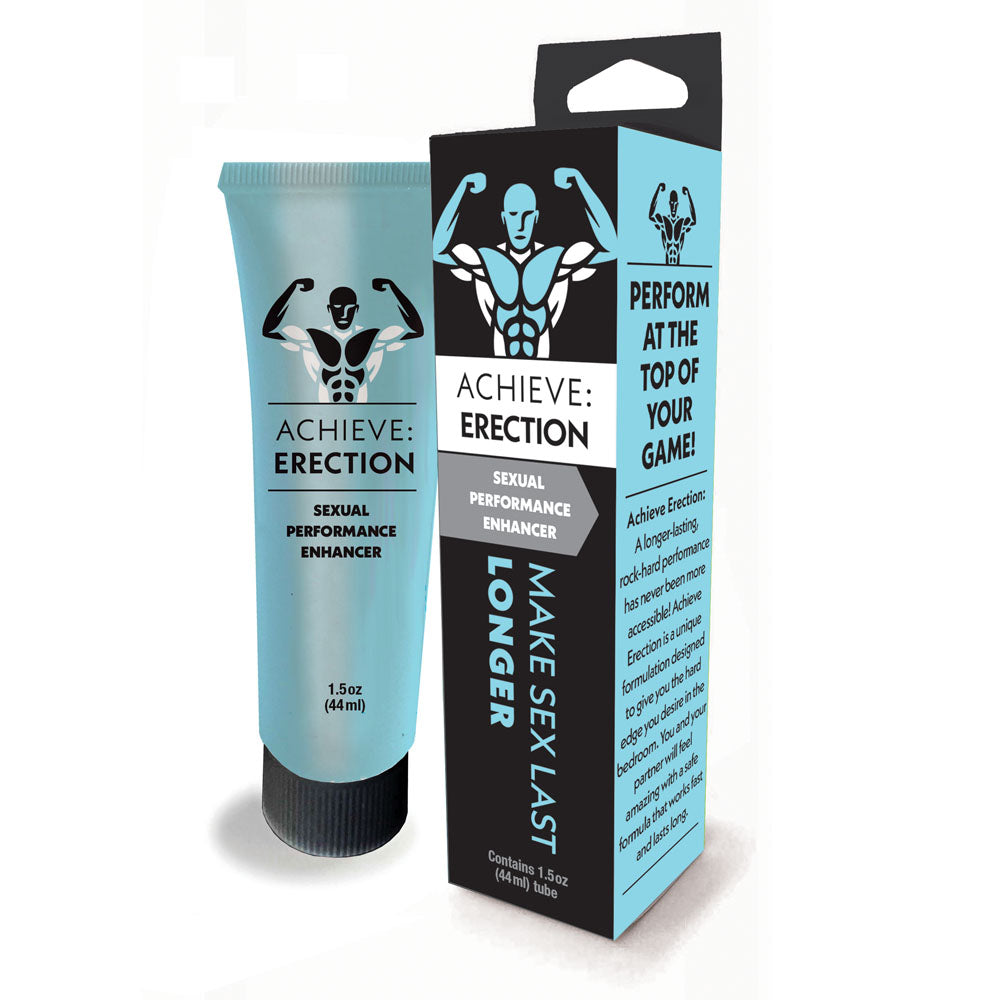 Achieve Erection performance enhancer tube and retail packaging box in light blue and black colors with muscular icon design
