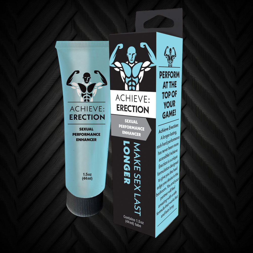 Achieve Erection male enhancement cream tube and retail packaging box in light blue and black colors with muscular figure logo