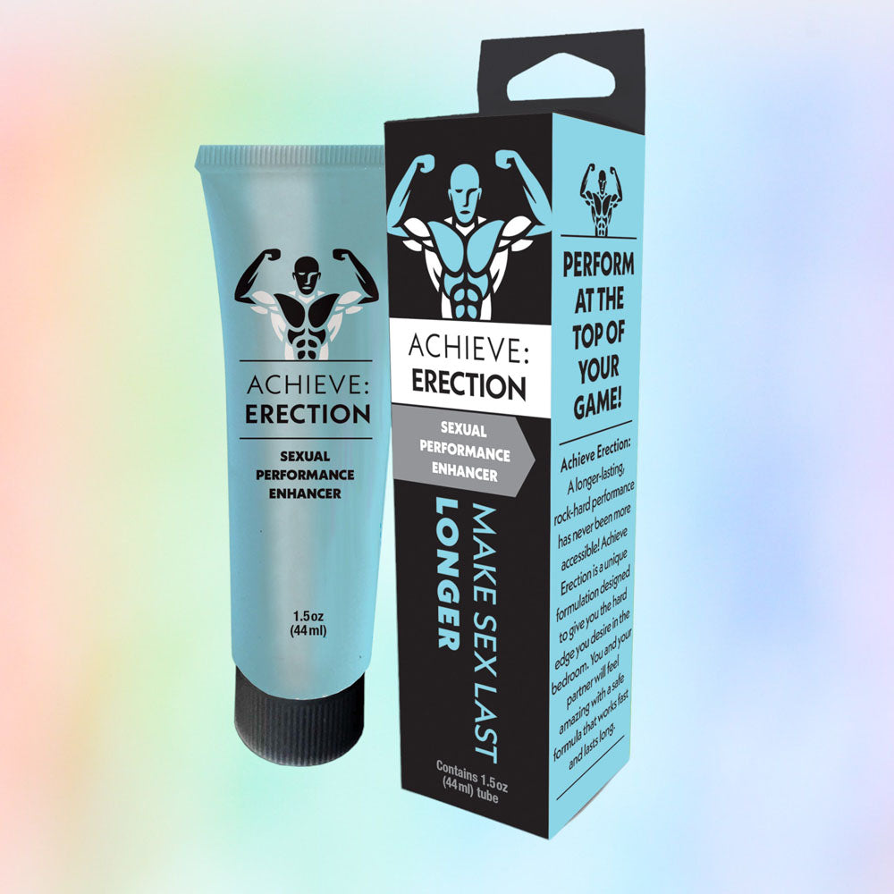 Achieve Erection performance enhancer tube and product box with muscular figure icon on rainbow gradient background