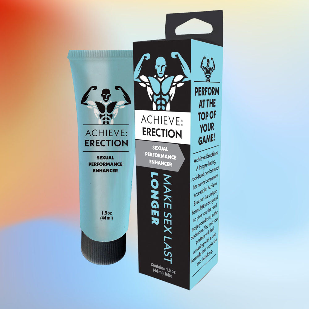 Achieve Erection performance enhancer tube and retail packaging showing muscular figure icon and product benefits in blue and black