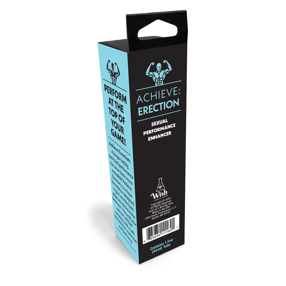 Achieve Erection performance enhancer product box in black and light blue with muscular figure icon and product details
