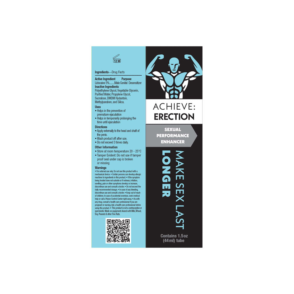 Achieve Erection sexual performance enhancer bottle label showing product ingredients and usage instructions on turquoise and black packaging