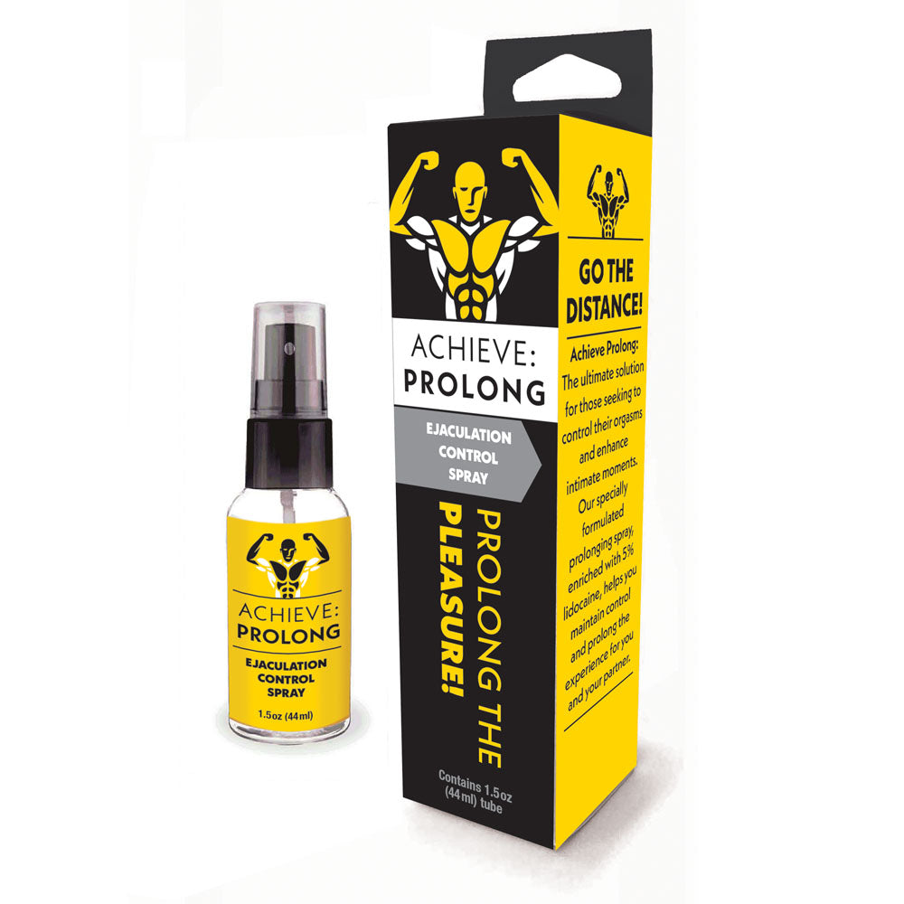 Achieve Prolong ejaculation control spray bottle and packaging with yellow and black design featuring athletic figure logo