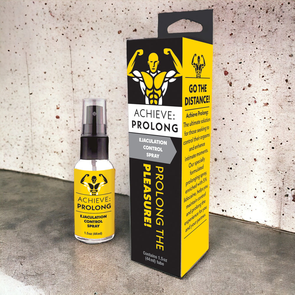 Achieve Prolong desensitizing spray bottle and packaging box with yellow and black design featuring muscular icon