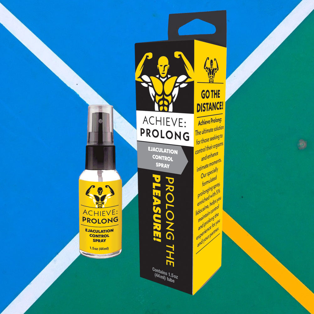 Achieve Prolong ejaculation control spray bottle and packaging box with muscular icon on blue and yellow geometric background