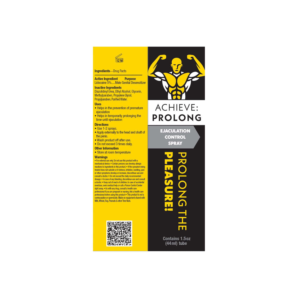 Achieve Prolong intimate spray bottle with yellow and black packaging design featuring muscular figure silhouette and product details