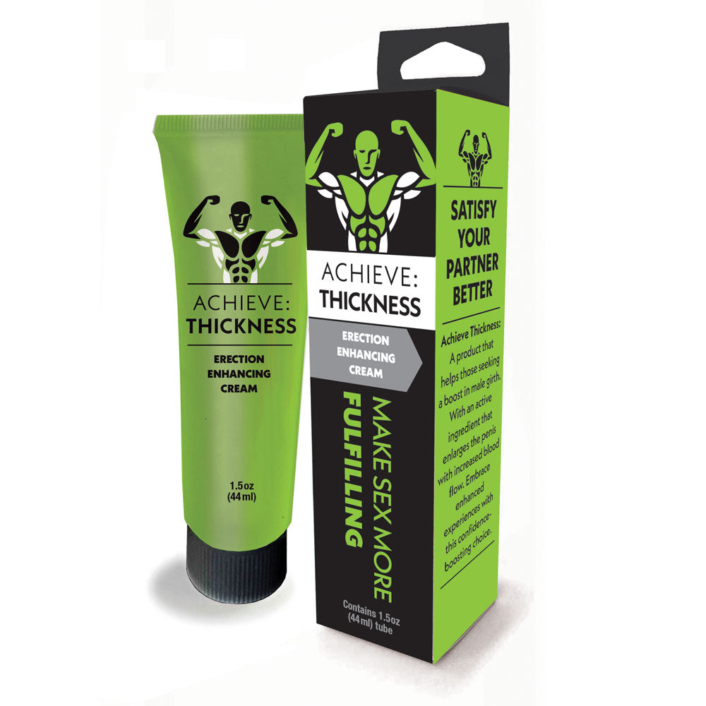 Achieve Thickness enhancement cream tube and box packaging featuring green color scheme and muscular figure logo