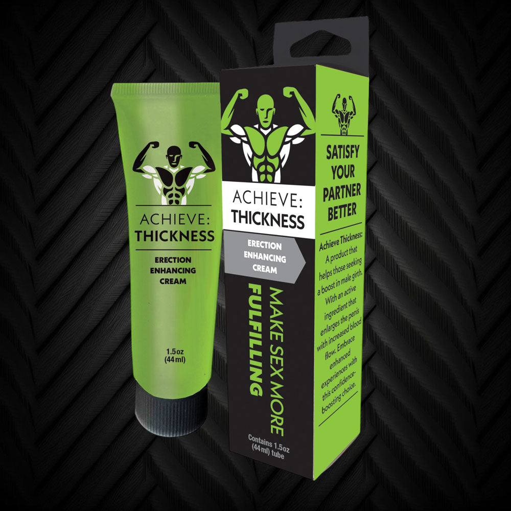 Achieve Thickness enhancement cream tube and retail box featuring muscular icon design on bright green packaging