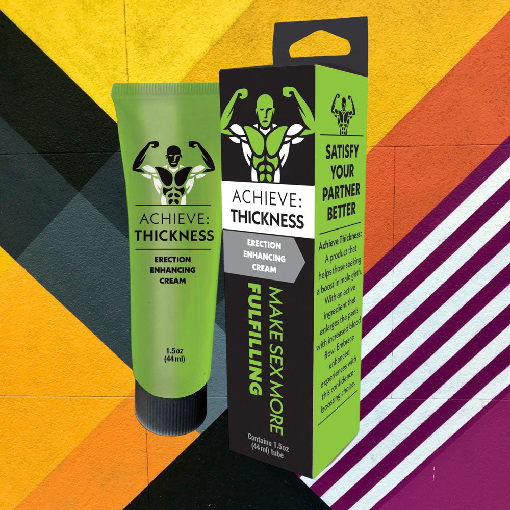 Achieve Thickness enhancement cream tube and packaging box shown against colorful geometric background design
