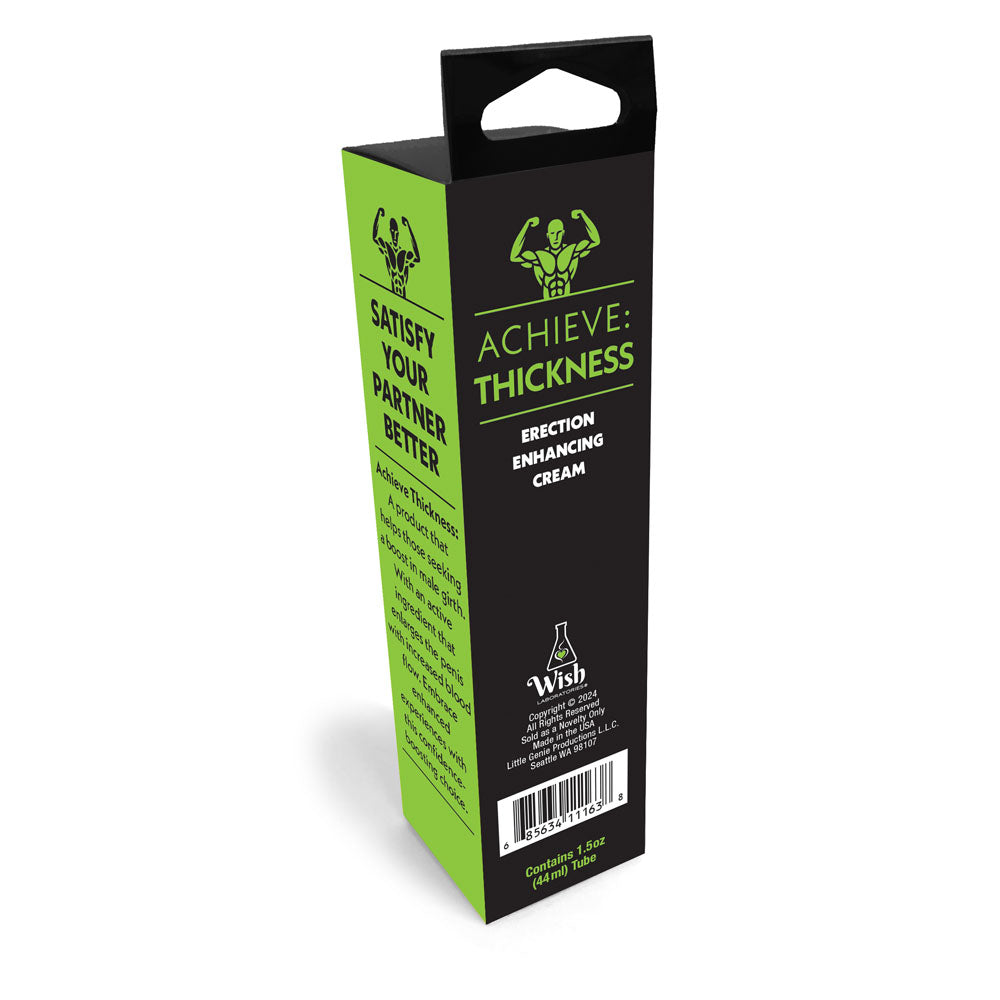 Achieve Thickness enhancement cream packaging in black and neon green with muscle icon and product information
