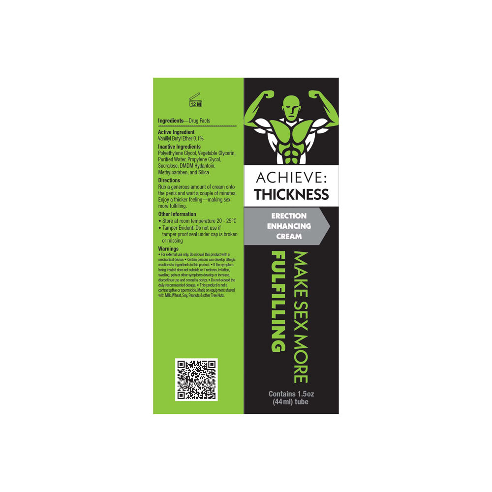 Achieve Thickness male enhancement cream product label with green and black design featuring muscular figure silhouette