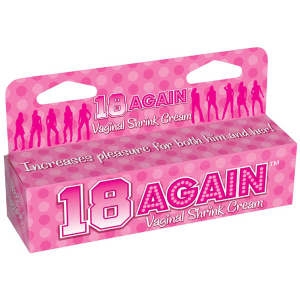 18 Again vaginal tightening cream in pink packaging with polka dot design and silhouette figures on retail box