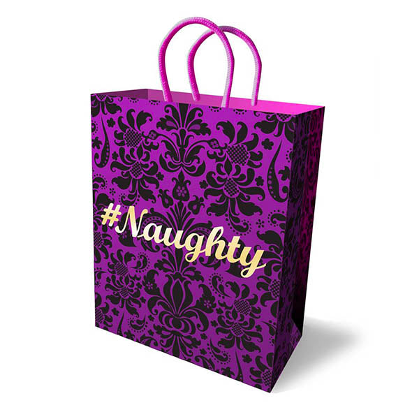 Naughty Gift Bag featuring purple background with black fleur-de-lis pattern and gold foil text, includes woven handles
