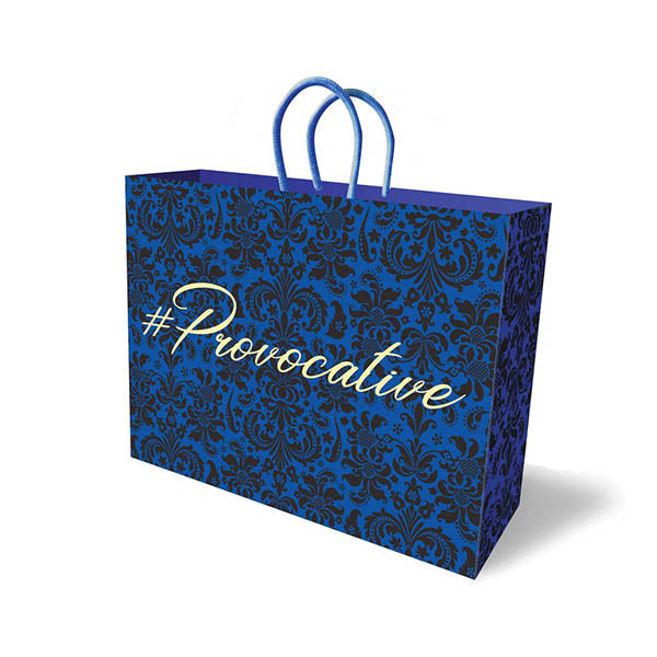 Provocative gift bag featuring blue damask pattern with gold foil lettering and matching rope handles