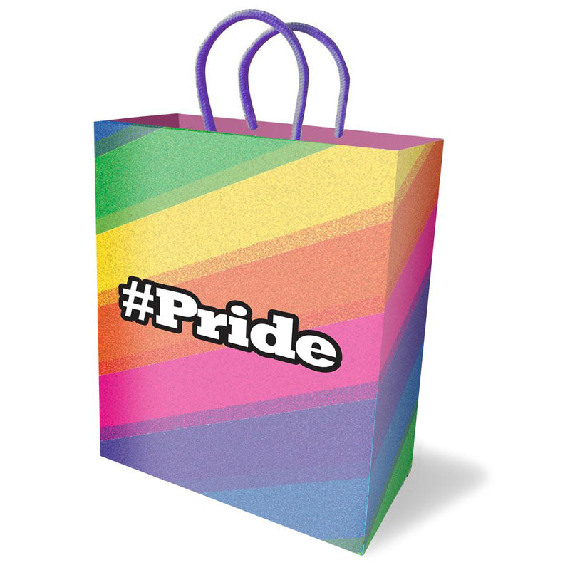Pride Gift Bag featuring rainbow striped design with vibrant colors and purple handles, perfect for celebrating diversity and love