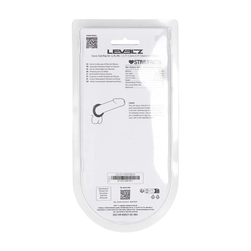 LEVELZ Classic Silicone Cock Ring Set - L/XL/XXL - Black Cock Rings - Set of 3 Sizes