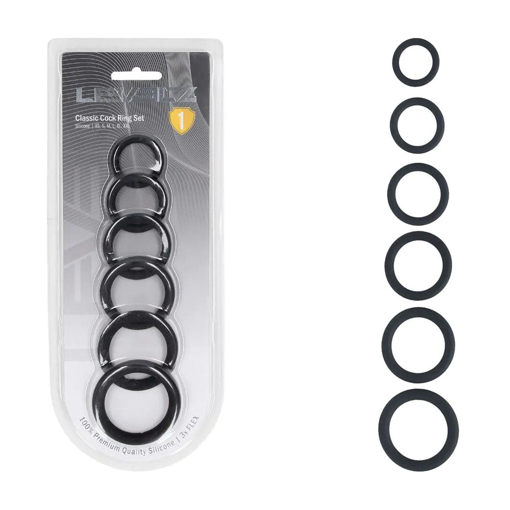LEVELZ Classic Silicone Cock Ring Set of 6 - Black Cock Rings - Set of 6 Sizes