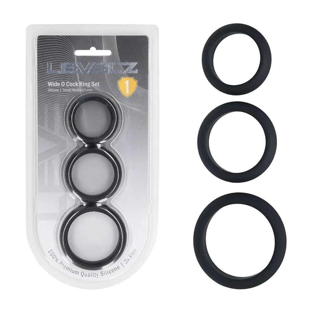 LEVELZ Wide O Silicone Cock Ring Set of 3 - S/M/L - Black Cock Rings - Set of 3 Sizes
