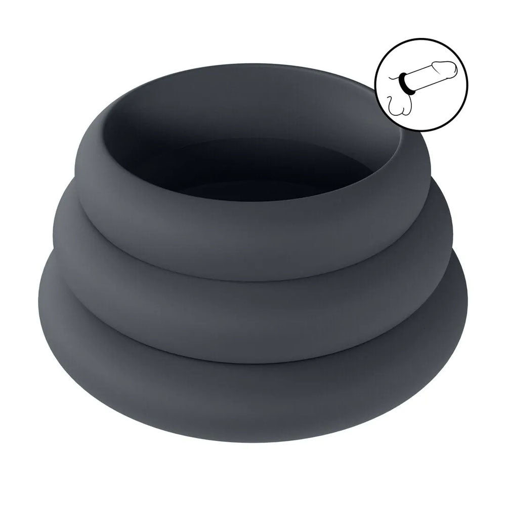 LEVELZ Wide O Silicone Cock Ring Set of 3 - S/M/L - Black Cock Rings - Set of 3 Sizes