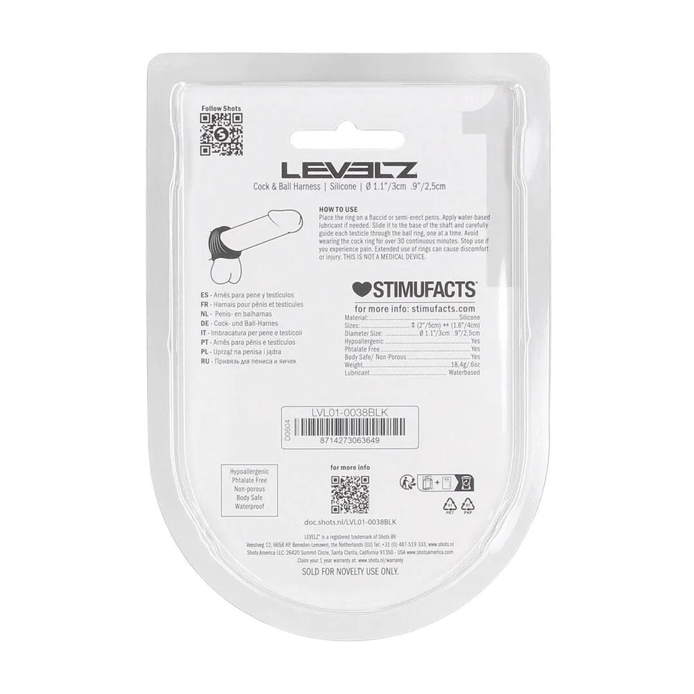 LEVELZ Silicone Cock & Ball Harness - Black - Black Cock & Ball Ring